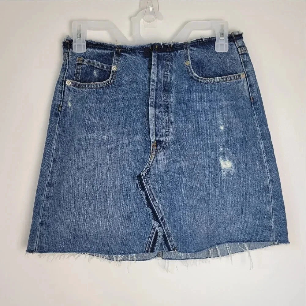 ZARA WOMAN Premium Denim Collection Cutoff Mini Skirt Distressed Button Fly